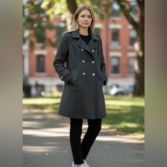 Vintage Y2K Forever 21 Charcoal Double-Breasted Trench Coat - Picture 3 of 8